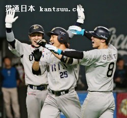 7回、逆転3ランを放ち駿太(右)、伊藤(左)に迎えられるオリックス・竹原(25日、札幌ドーム)=共同