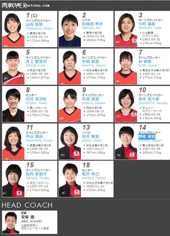 日本女排亚洲杯参赛14人名单